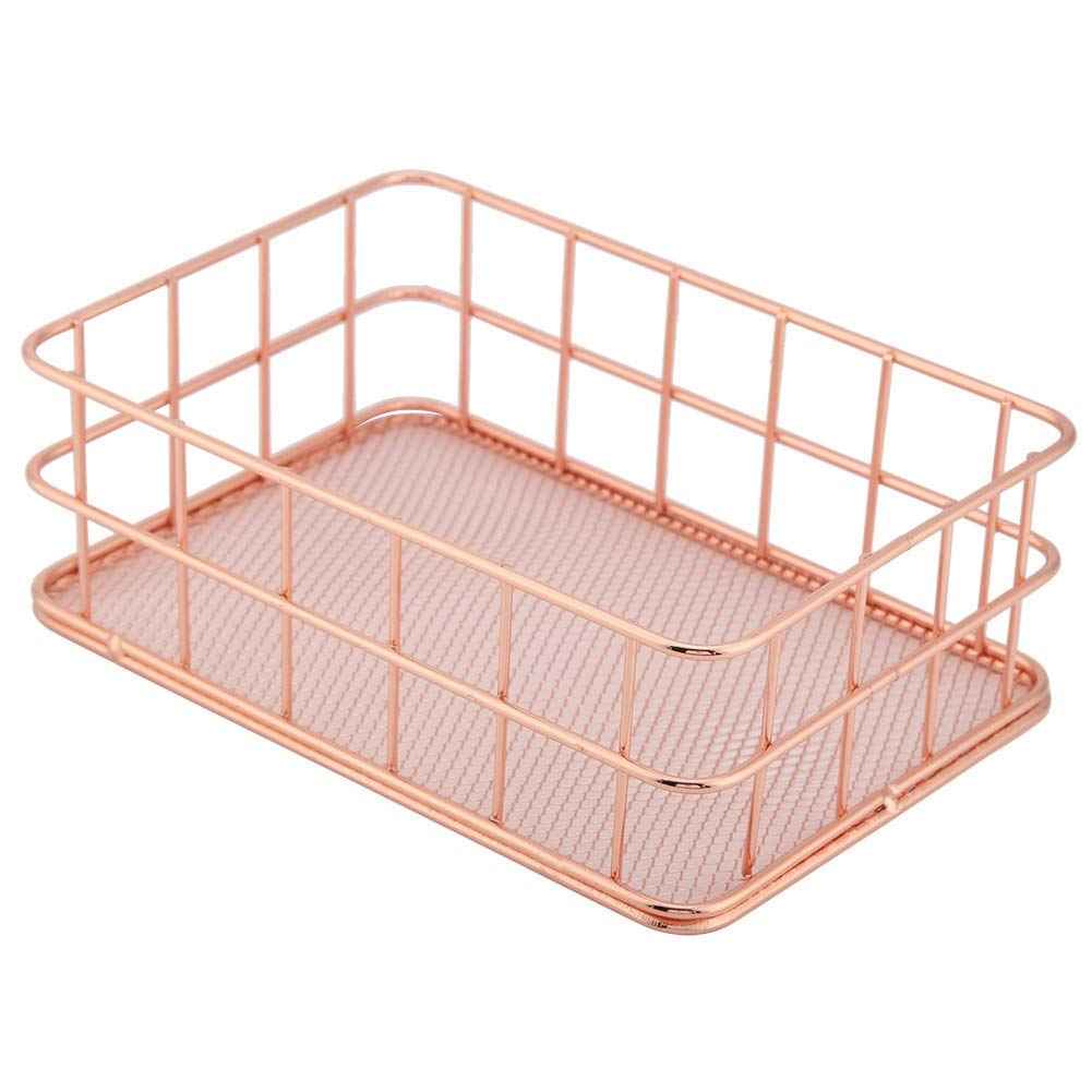Fdit Makeup Storage Basket Organizer Rose Gold Iron Cosmetic Storage Holder Desktop Decor Household Woman Girl Lady(C)