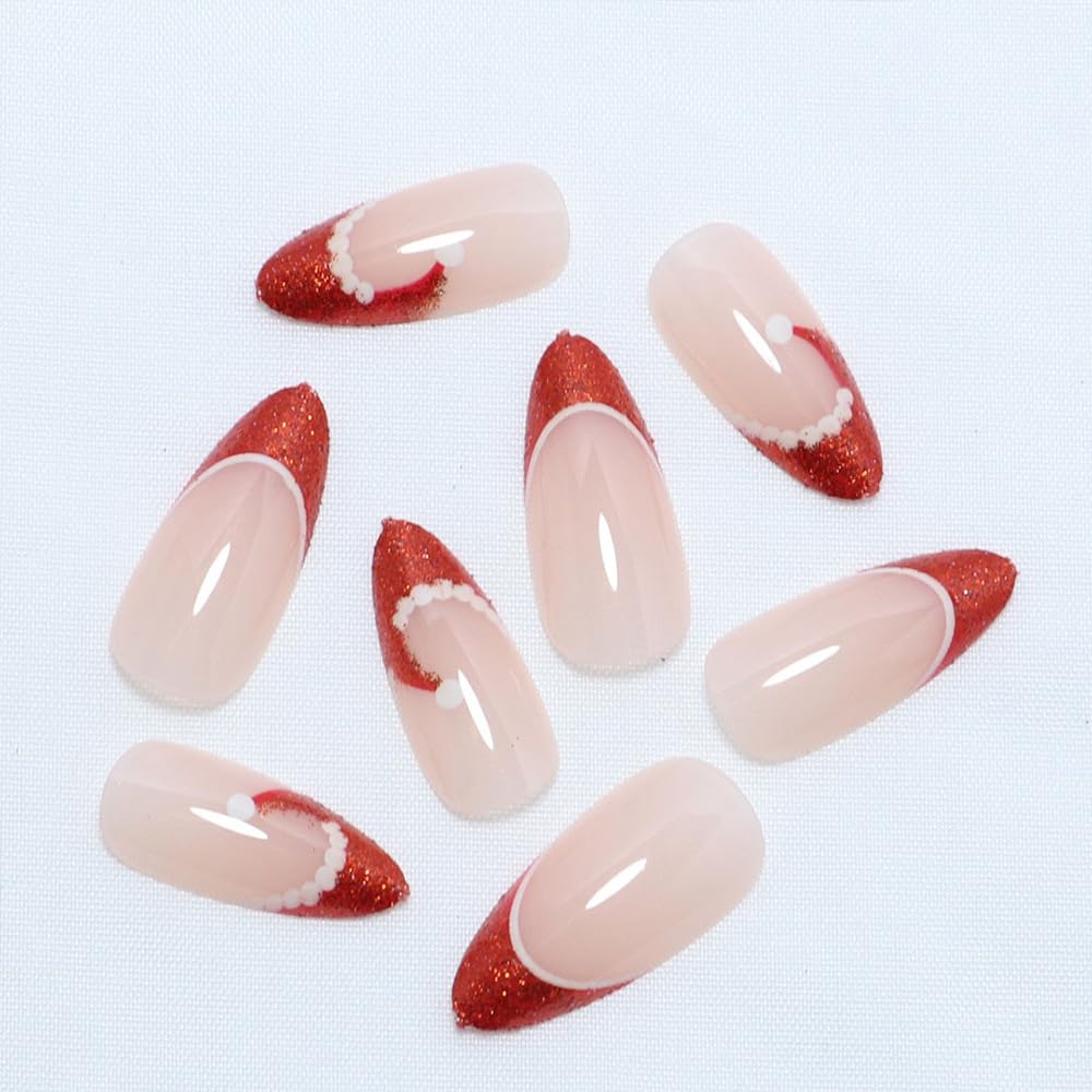 Christmas Almond Press On Nails Red French Tip Fake Nails Christmas Hat Design Glitter False Nails Full Cover Acrylic Nails Winter Xmas Glue on Nails Decoration for Women 24Pcs