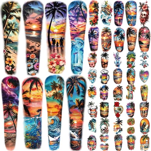48 Sheets Holiday Ocean Temporary Tattoo for Men Women, 8 Full Arm Flower Skull Sunset Fake Tattoos, 10 Half Arm Beach Turtle Fake Tattoos, 30 Tiny Body Stickers Adult Kid Realistic