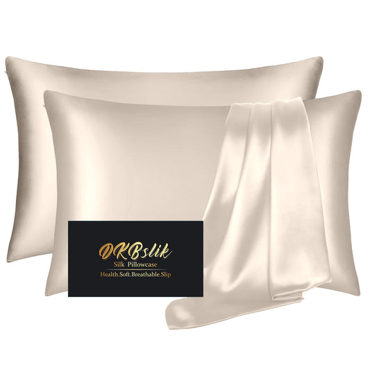 Silk Pillow Cases 2 Pack, Mulberry Silk Pillowcases Standard Set of 2, Health, Smooth, Anti Acne, Beauty Sleep, Both Sides Natural Silk Satin Pillow Cases for Women 2 Pack with Zipper for Gift, Beige