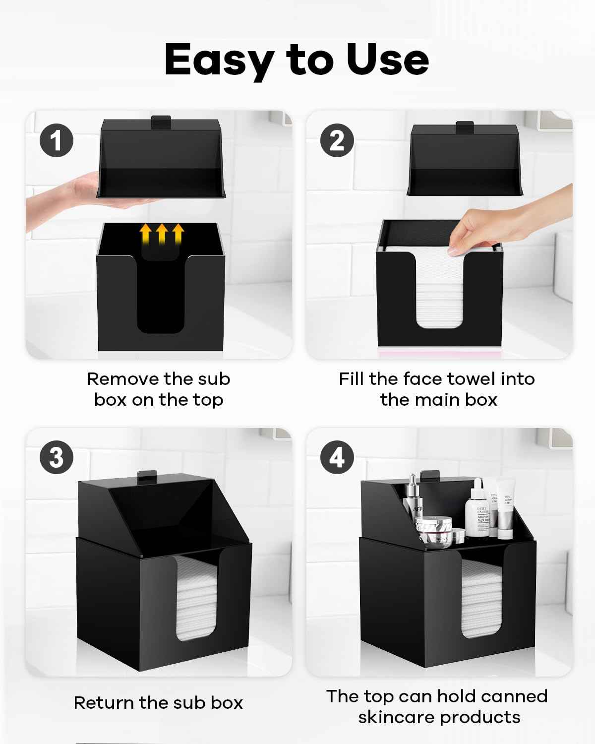TAINESS Disposable Facial Towels Storage Box Compatible with Clean Skin Club Clean Towel XL - Cotton Pads - Swabs Upgraded Double Layer Acrylic Storage Container Face Towel Holder (Matte Black)