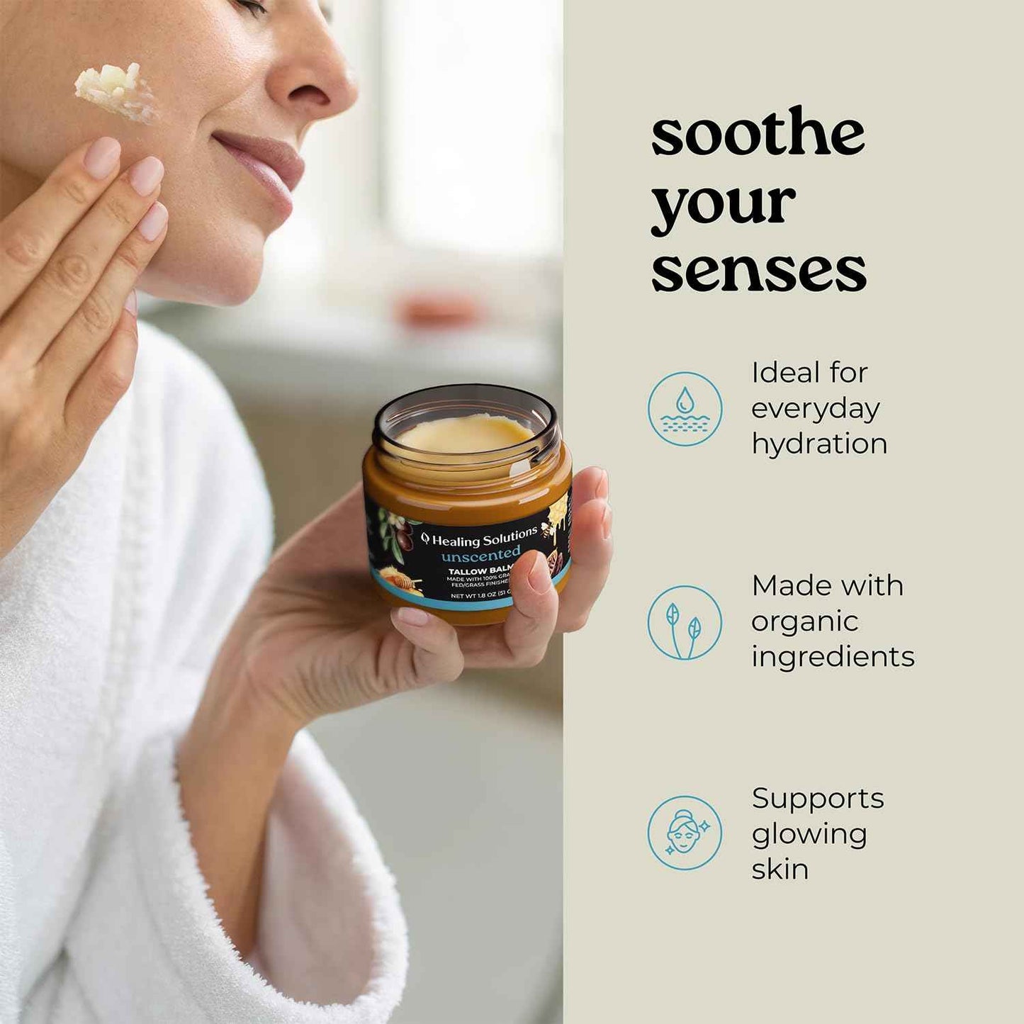 Healing Solutions - Beef Tallow and Honey Balm for Face (1.8oz), 100% Grass Fed/Grass Finished Beef Tallow with Manuka Honey for Skin, Made in USA, Unscented All Natural Moisturizing Skincare