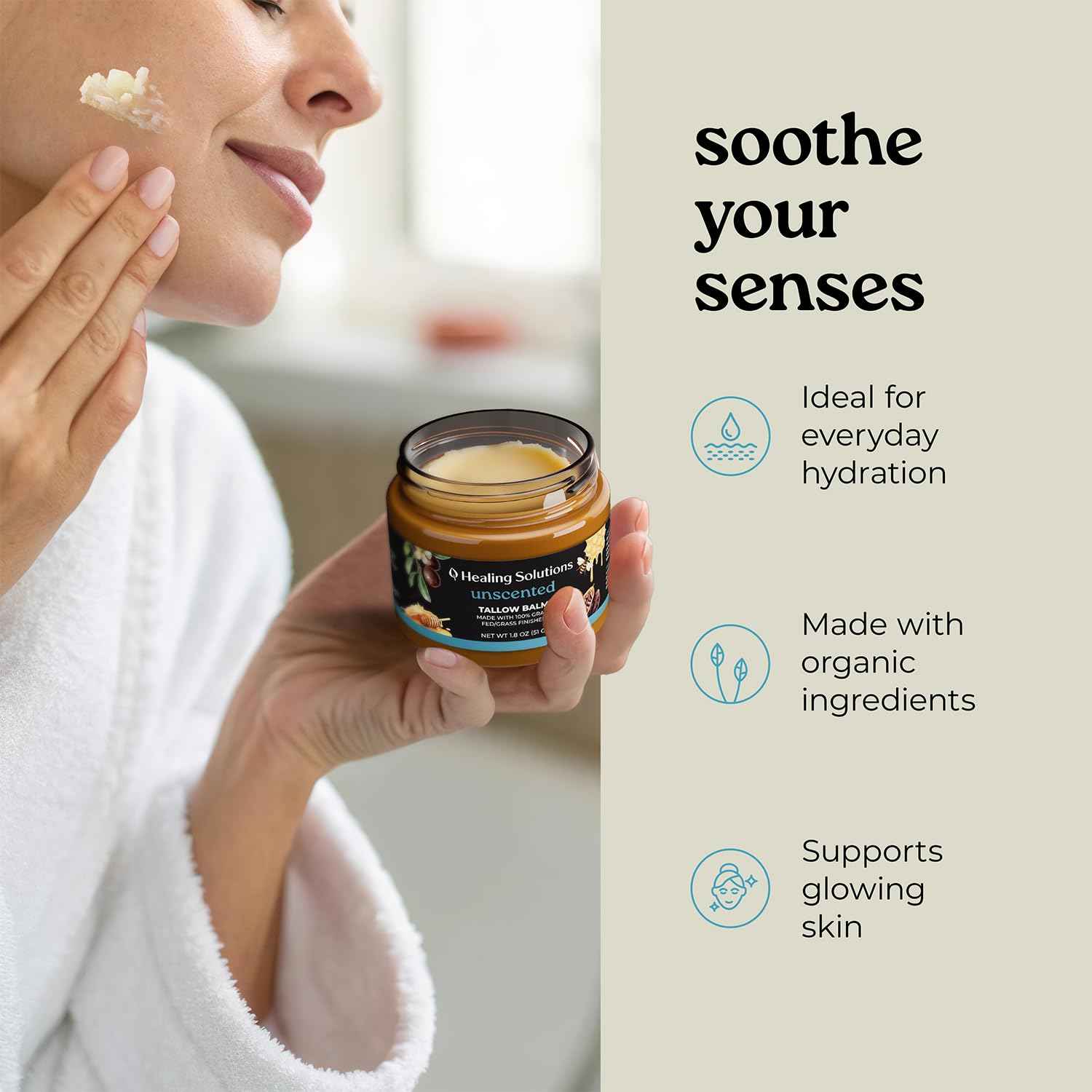 Healing Solutions - Beef Tallow and Honey Balm for Face (1.8oz), 100% Grass Fed/Grass Finished Beef Tallow with Manuka Honey for Skin, Made in USA, Unscented All Natural Moisturizing Skincare