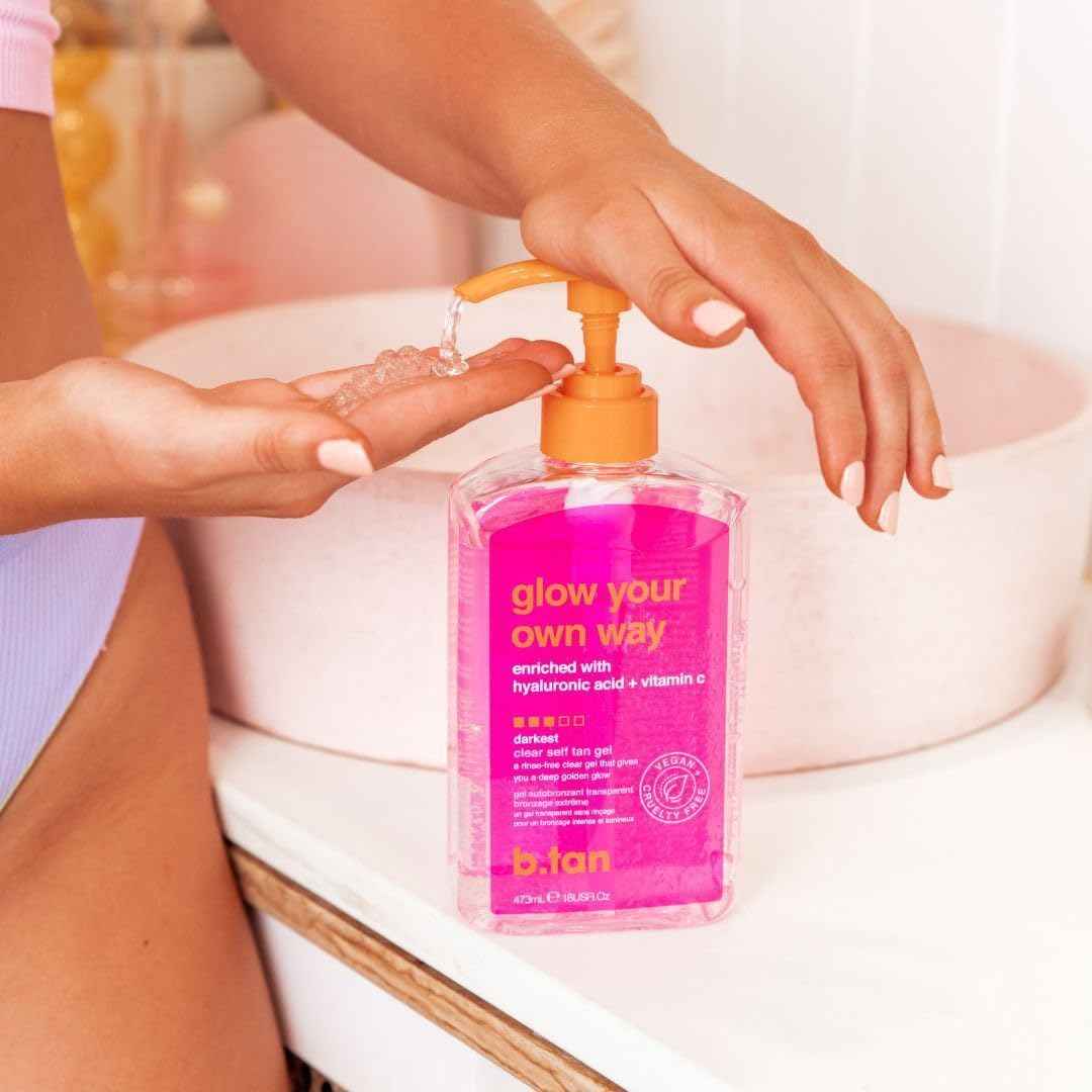 b.tan Clear Self Tanning Gel & Exfoliating Kit | Glow Your Own Way + Erase Tan Repeat Bundle - 1 Hour Express, Transfer-Resistant Dark Fake Tanner, 2-in-1 Exfoliator Scrub & Body Wash with Mitt