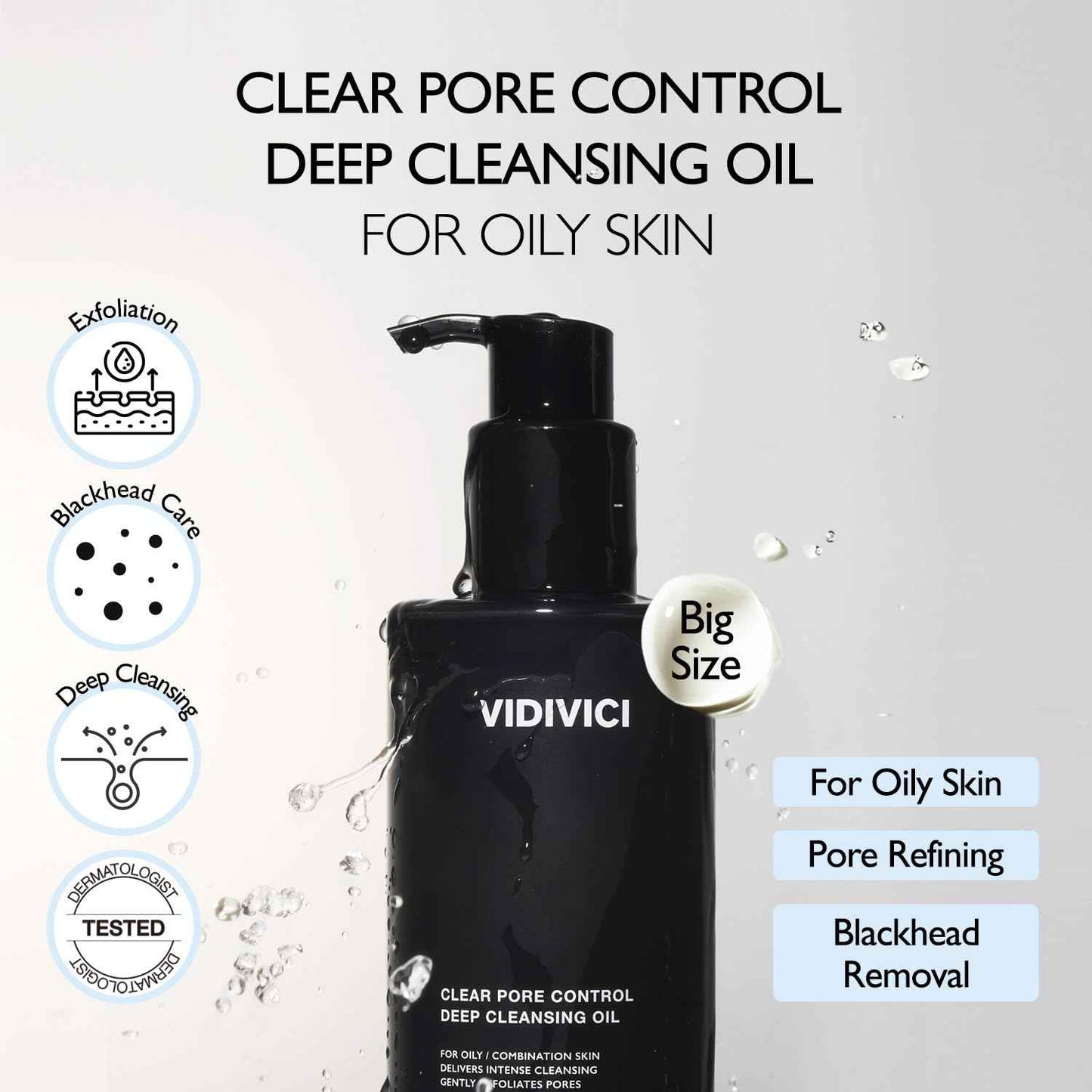 VIDIVICI Clear Pore Control Deep Cleansing Oil 10.14 fl.oz | Makeup remover with blackhead care, Korean facial cleanser for oily skin, Sebum control with Bamboo Charcoal Powder, Korean skin care