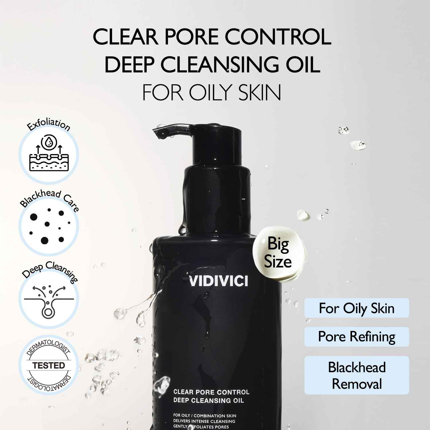 VIDIVICI Clear Pore Control Deep Cleansing Oil 10.14 fl.oz | Makeup remover with blackhead care, Korean facial cleanser for oily skin, Sebum control with Bamboo Charcoal Powder, Korean skin care