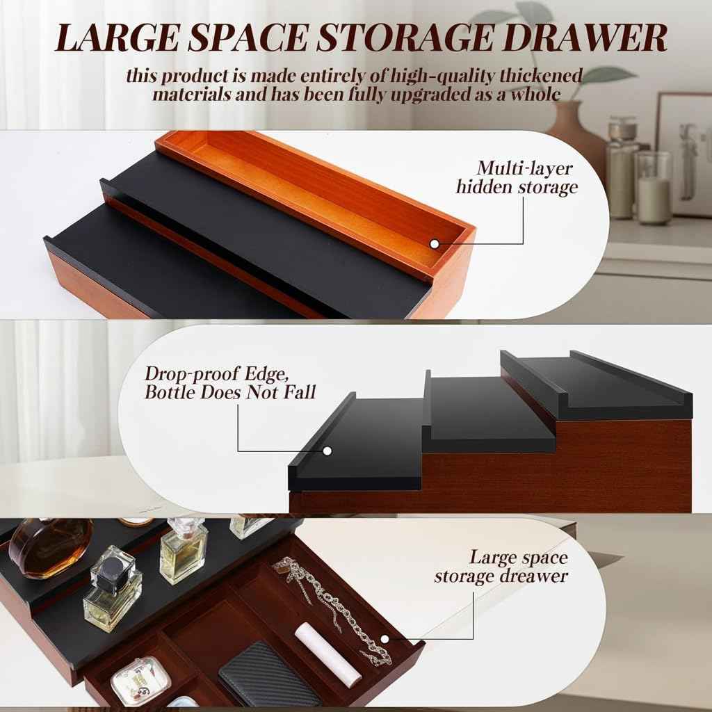 Cologne Organizer for Men – Black Wood Cologne Stand with Drawer & Storage, 3 Tier Perfume Display Holder for Bedroom, Office, Bathroom – Ideal Gift for Men, Father, Husband
