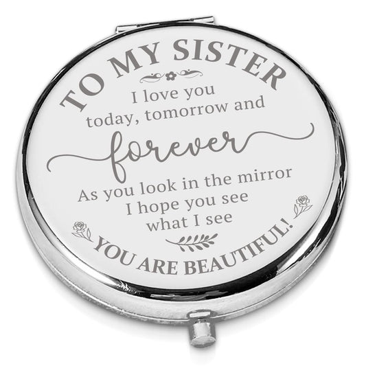 LRUIOMVE Sister Gift from Sister Brother, Inspirational Sliver Engraved Travel Makeup Mirror, Compact Pocket Cosmetic Mirror for Sister Girl Friends Birthday Christmas Graduation Gift