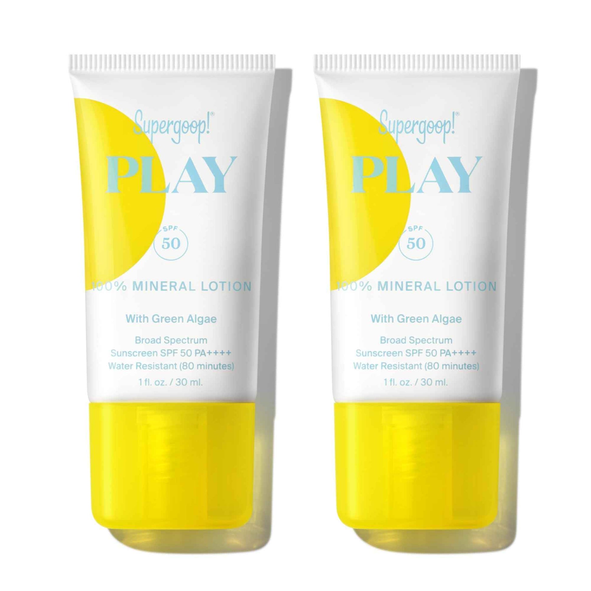 Supergoop! PLAY Mineral Lotion - 1 fl oz, Pack of 2 - Broad Spectrum SPF 50 Sunscreen for Face & Body - Lightweight, Fast Absorbing, Water Resistant - With Green Algae