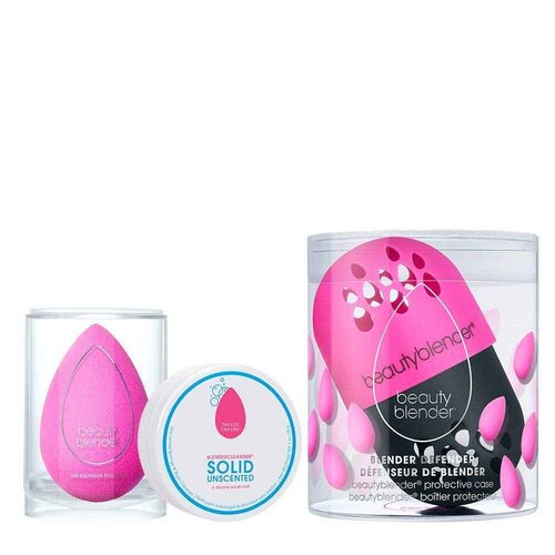 Beautyblender® | Original Pink Beauty Blender + Blender Defender Case + Solid Blendercleanser® Complete 3-Piece Bundle, Beauty Blender for Blending Foundations, Travel Case & Unscented Cleanser, 1oz