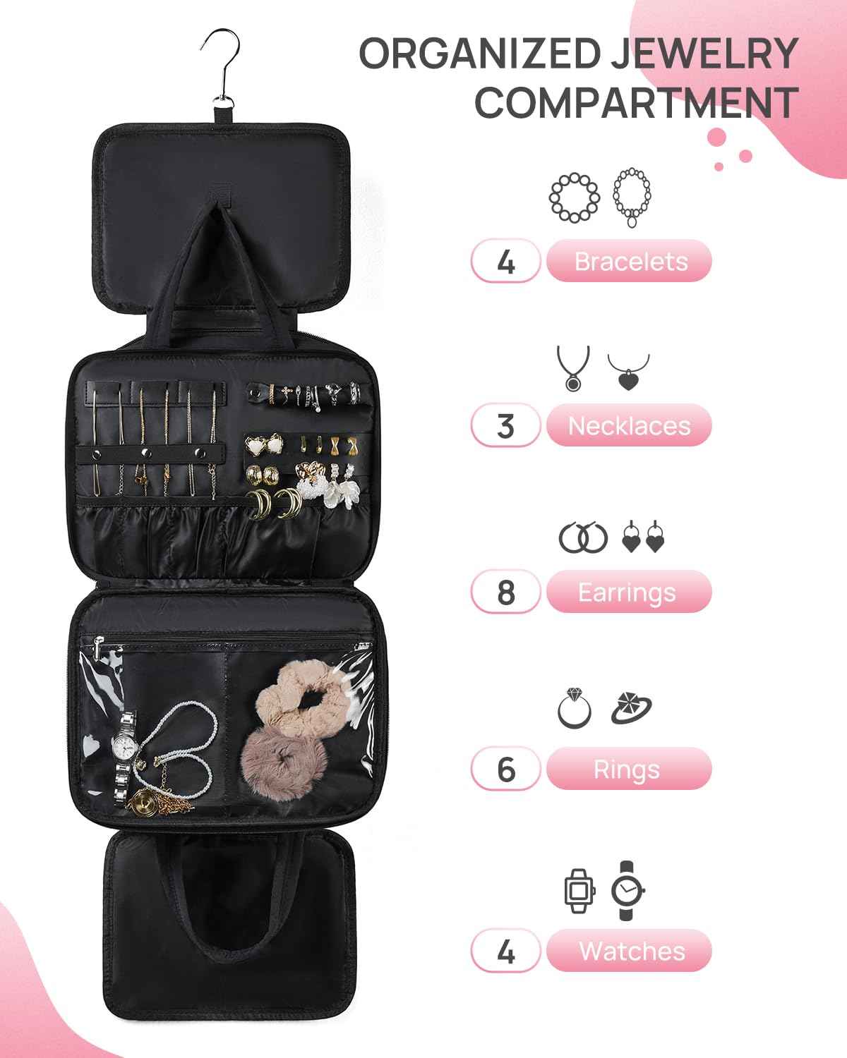 Telena Travel Toiletry Bag with Jewelry Organizer for Women, Puffy Hanging Makeup Bag Lightweight Cosmetic Bag Organizer for Travel Essentials