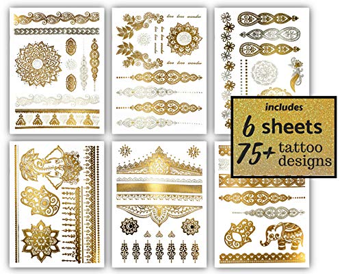 Terra Tattoos Gold Metallic Temporary Tattoo Sheets - 75+ Designs