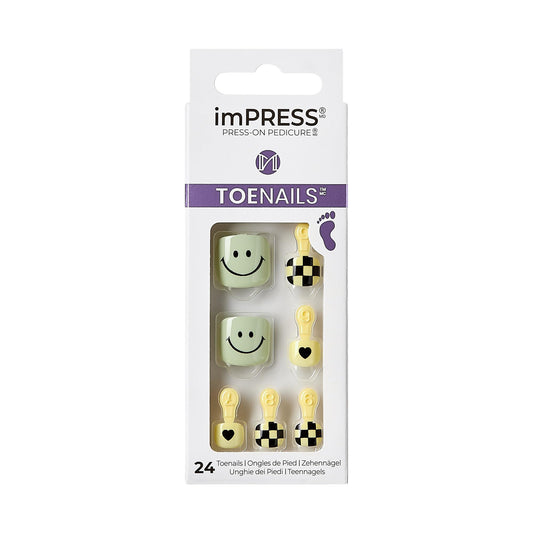 KISS imPRESS No Glue Pedi Press-On Toenails, Green, Smile Face, Yellow Chess, Squoval Shape, Includes 24 Nails, Prep Pad, 1 Manicure Stick, 1 Mini File