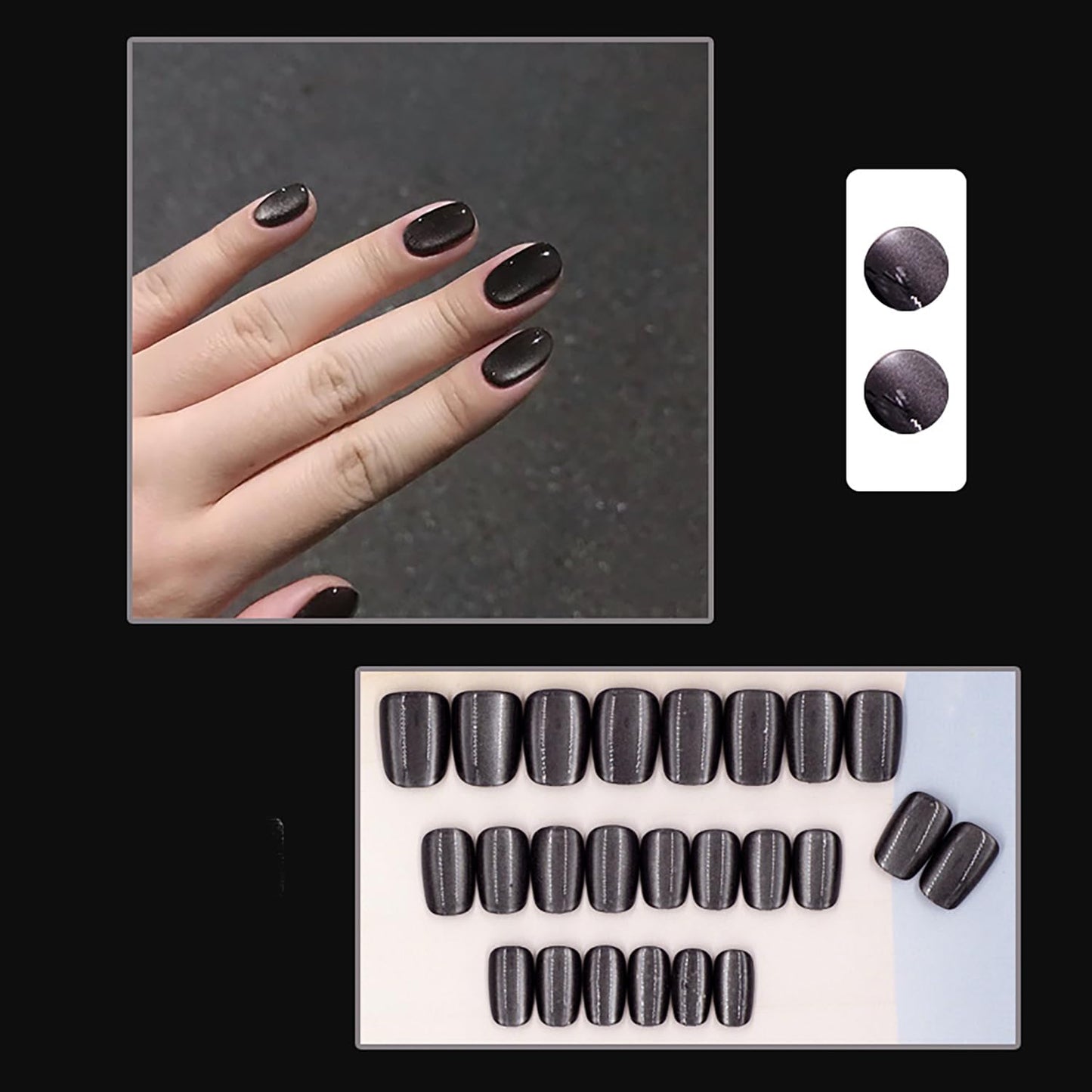 24 Pcs Black Press on Nails Short Square RIICFDD Cat Eyes Fake Nails Acrylic Press on Nail with Solid Color Designs Sparkly False Nails Glossy Full Cover Spring Summer Glue on Nails for Women Girls