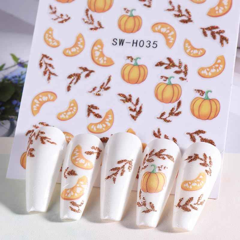 Pumpkin Nail Art Stickers Fall Maple Leaf Nail Decals 6PCS Maple Leaves Pumpkin Nails Design 3D Self-Adhesive Nail Art Supplies Fall Stickers for Nails Thanksgiving Day Women DIY Manicure Decorations