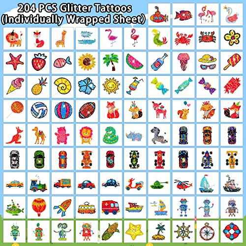 Partywind 408 PCS Temporary Tattoos for Kids, Glow and Glitter Fake Tattoo Stickers for Boys Girls Party Supplies Favors, Cute Goodie Bag Stuffers for Children (Individually Wrapped Sheet)