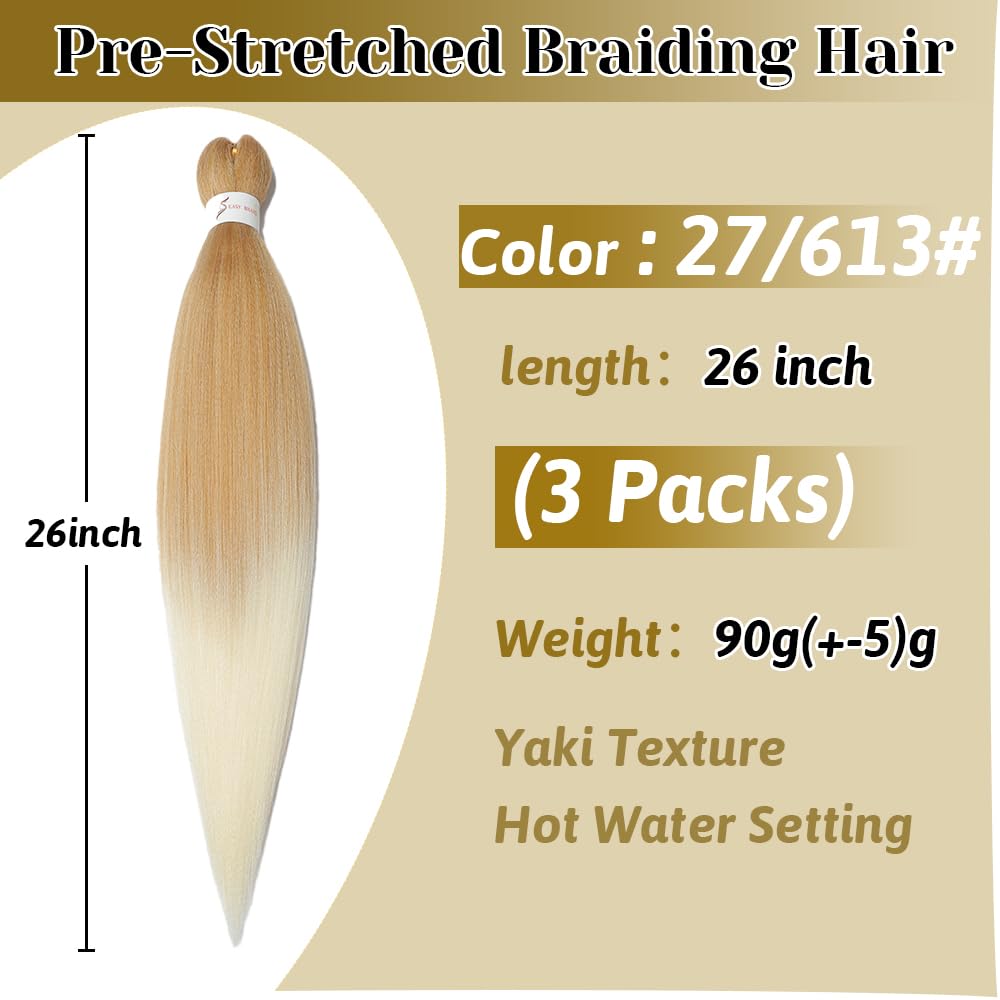 Pre stretched Braiding Hair 26 Inch Braiding Hair Extensions Hot Water Setting Synthetic Hair Pre Stretched Crochet Braids Hair(26 Inch,3 Packs,27/613#