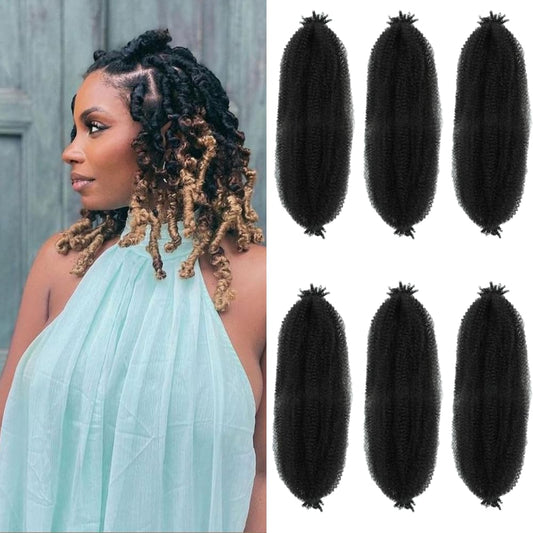 Springy Afro Twist Hair 8 Inch 6 Packs Black Color Pre Fluffed Marley Twist Braiding Hair for Black Women (8 inch, 6 Packs, 1B)