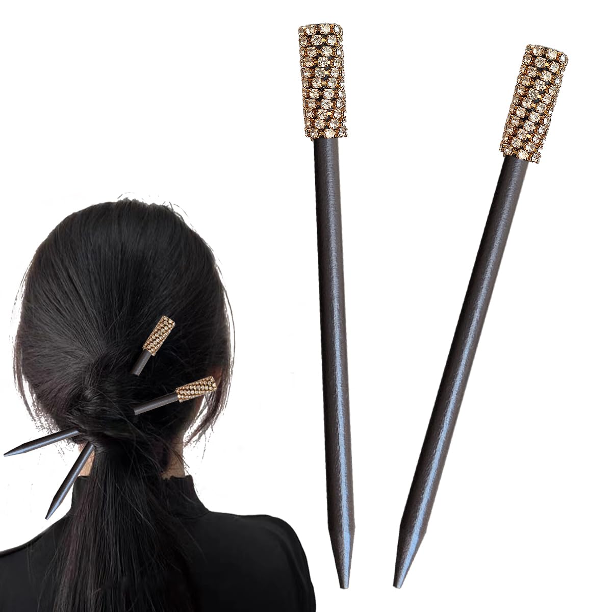 WULI PEACH Wooden Hair Sticks Chopsticks, Bun Hair Sticks Rhinestones Hair Chopsticks Girl Women Vintage Hair Pin Chignon Pin Hair Diy Chinese Hair Accessory Dark Brown(2pcs)