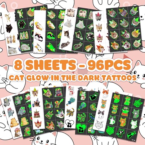 96 PCS Super Cute Cat Cats Pet Pre-Cut Luminous Glow in the dark Temporary Tattoos for Kids Themed Birthday Party Supplies Favors Decorations 8 Sheets Fake Tattoo Stickers Gifts for Boys Girls Rewards