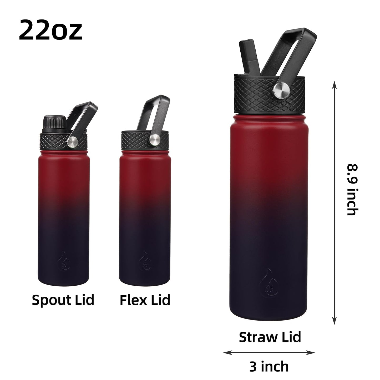 BJPKPK Insulated Water Bottles with Straw Lid, 22oz Cold & Hot Water Bottle, Stainless Steel Metal Water Bottle with 3 Lids, Reusable Thermos, Cups, Mugs for Daily Water Intake-Charming Black Red