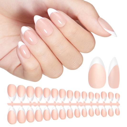 CHRISTINE SHELLY French Gel Nail Tips 240Pcs French Tip Press on Nails Nude Short Almond 4 in 1 Pre-applied Tip Primer & Base Coat No Need to File Fake Nails for Salon & DIY 15 Sizes White