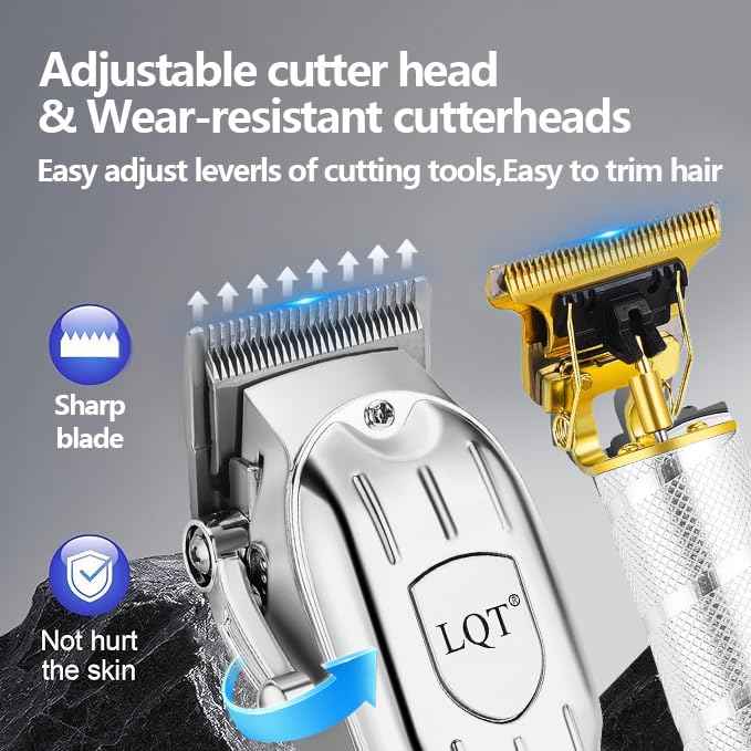 LQT Professional Hair Clipper Set, Gold, LED Display, with Trimmer, 8 Guide Combs, Barber Shaver Set, with Travel Case and Haircut Cape (Silver)