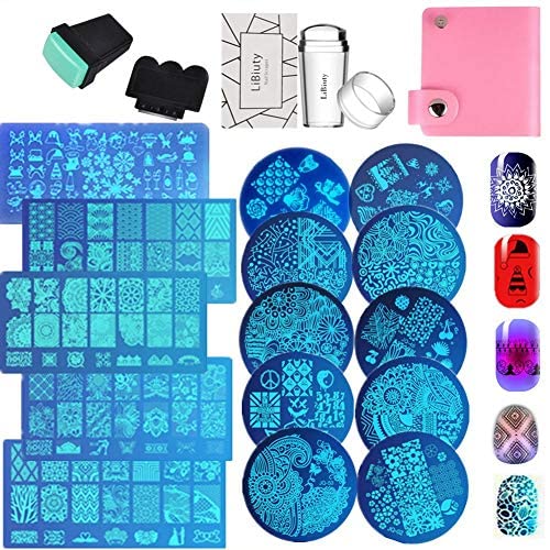 LiBiuty 15pcs Nail Stamp Plates set 15 plate 2Stamper 2Scraper 1storage bag Nails Art Stamping Plate Scraper Stamper Set Leaves Flowers Animal Nail plate Template Image Plate