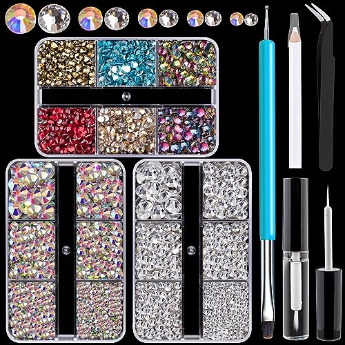 Colorful Face Gems for Makeup Set, Flatback Gorgeous AB+Clear+Mixed-colored Gem with Makeup Glue, Picker Pencil, Makeup Glue, Dual-End Dotting Tool, Tweezer for Eye Body Hair Make-up and Nail Art Deco