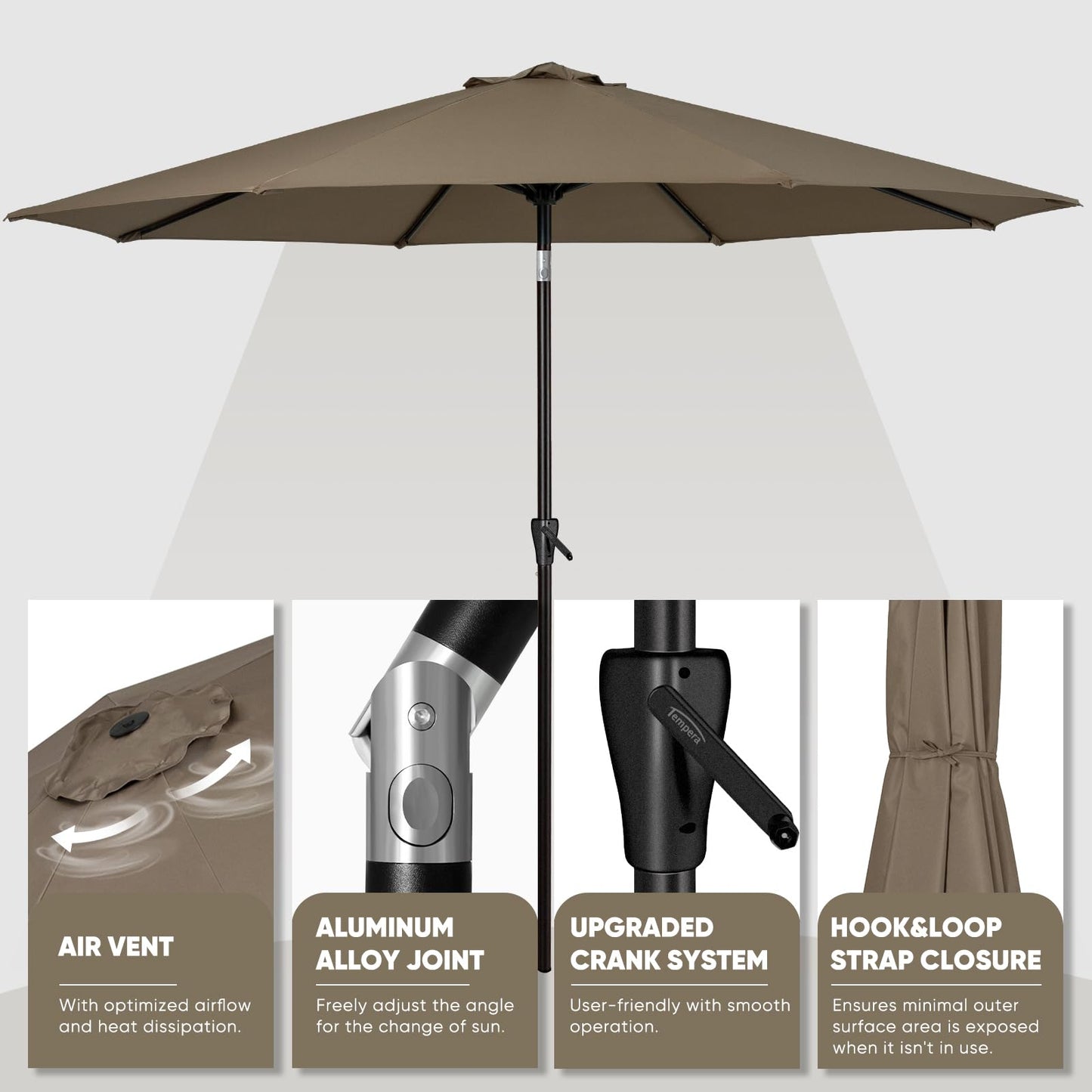 Tempera 9ft Patio Market Outdoor Table Umbrella with Push Button Tilt and Crank,Large Sun Umbrella with Sturdy Pole&Fade resistant canopy,Easy to set,Taupe