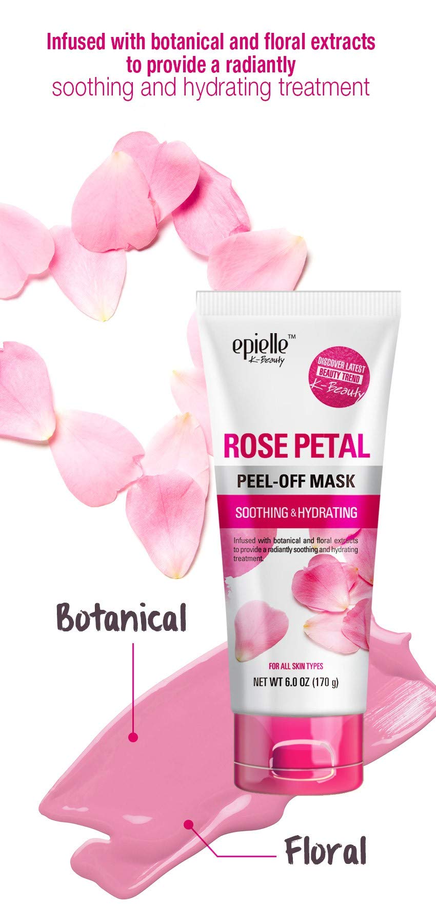 Epielle Rose Petal Peel Off Face Mask | Soothing and Hydrating with Pink Rose | Deep Pore Cleansing and Blackhead Remover Mask | 6.0 fl oz | 2 Bulk Pack