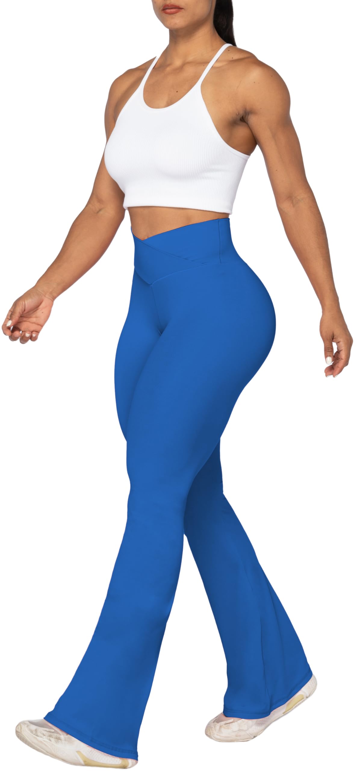 Sunzel Flare Leggings, Crossover Yoga Pants with Tummy Control, High-Waisted and Wide Leg, 30" Inseam, Classic Blue, X-Small