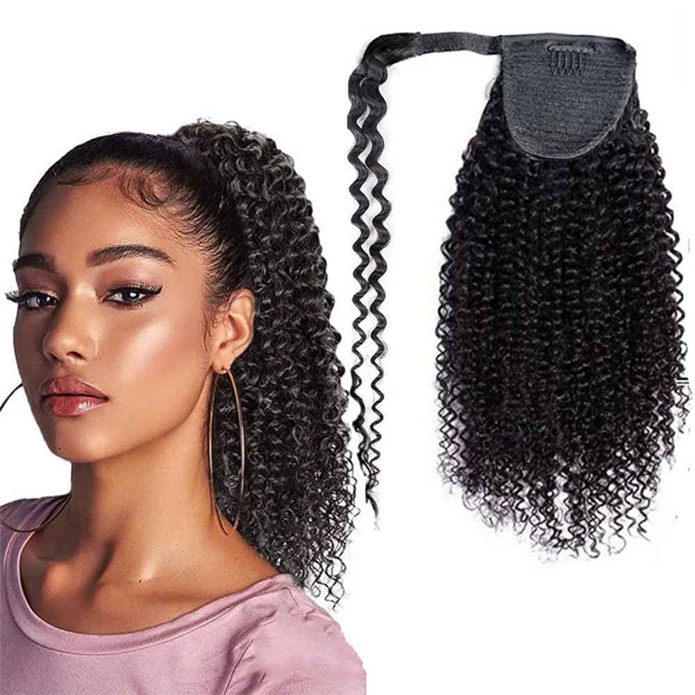 Kiss darling LASHES Kinkys Coily Human Hair Ponytail Extensions, Black Ponytail Extension Short Afro Curly Wrap Around Pony Tail Hairpiece for Women 12inch 100g,Natural Black 1b