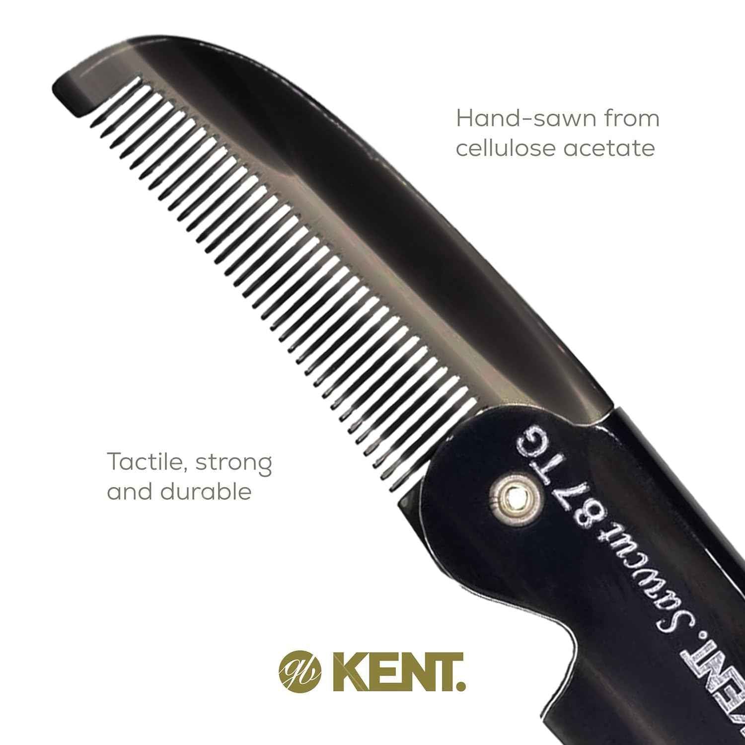 Kent 87T Black Graphite Handmade Folding Pocket Comb for Men, Fine Tooth Hair Comb Straightener for Everyday Grooming Styling Hair, Beard or Mustache, Saw Cut Hand Polished, Made in England (3 Pack)