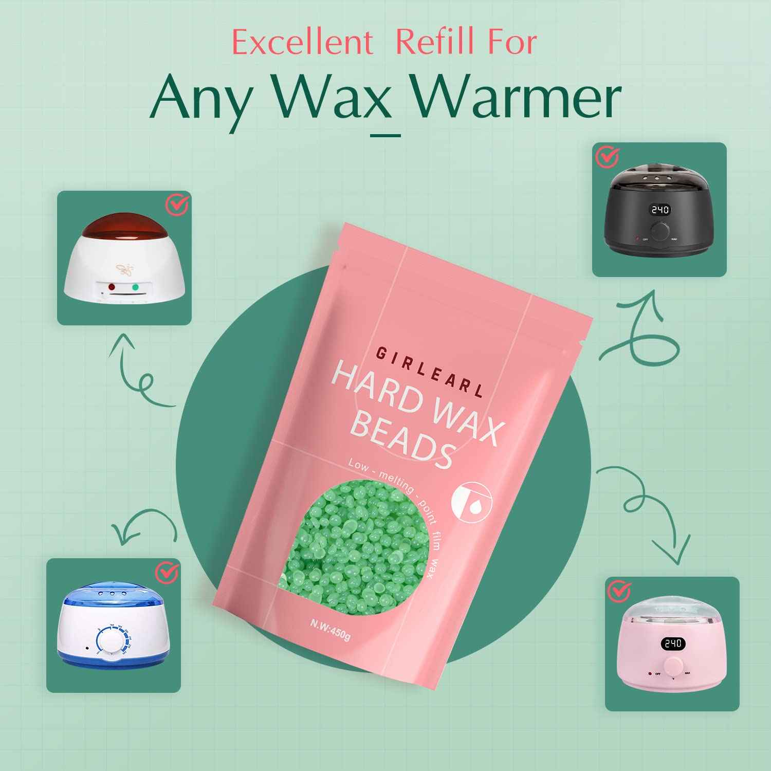 GIRLEARLE Wax Beads (1lb) for Hair Removal - Aloe Vera Formula, Perfect for Sensitive Skin, Eyebrow, Brazilian Bikini, Legs, Facial and Full Body Waxing at Home