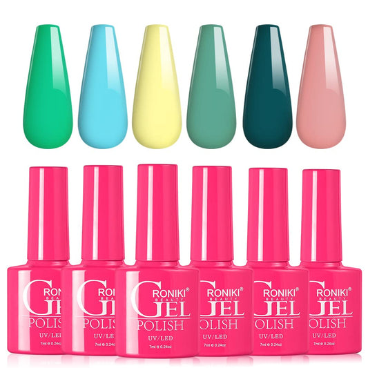 RONIKI 6 Colors Pastel Gel Nail Polish Set, Light Green, Baby Blue, Yellow, Teal, Pink, Summer Gel Polish Kit Soak Off UV LED Polish Nail DIY Home Nail Art Gifts for Women