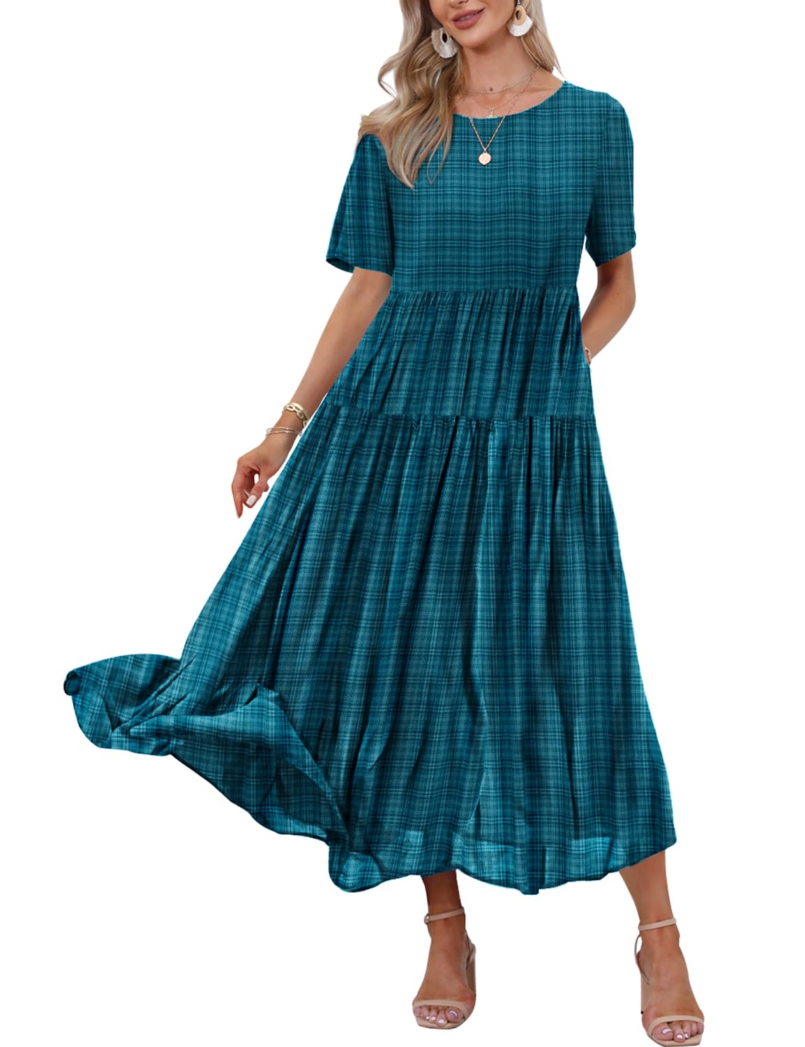 YESNO Women Casual Loose Bohemian Floral Dress with Pockets Short Sleeve Long Maxi Summer Beach Swing Dress (S EJF Solid C Dark Cyan)