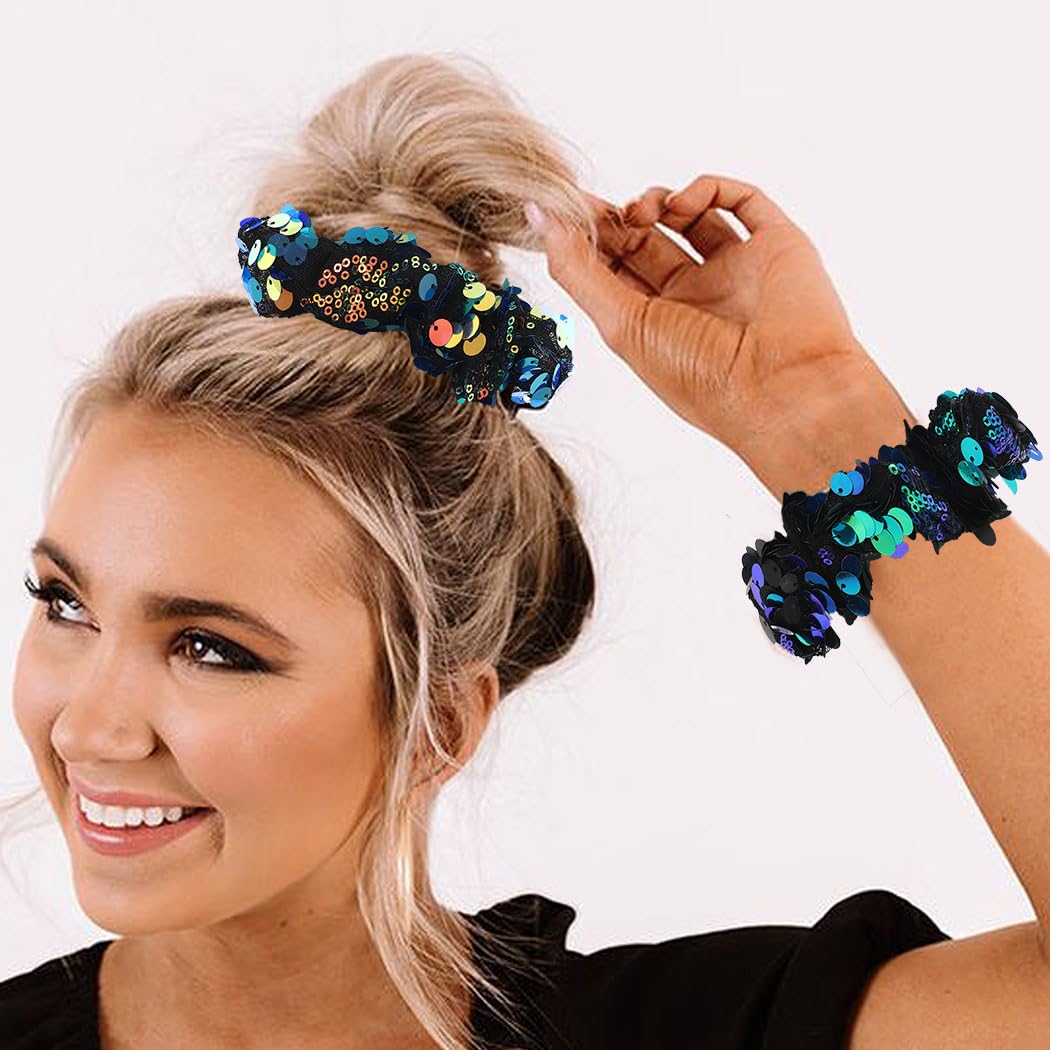 CAKURE Sequins Hair Scrunchies Shiny Hair Ties Ropes Blue Elastic Hair Bands Ponytail Holder Hair Accessories for Women and Girls Pack of 2 (Type D)