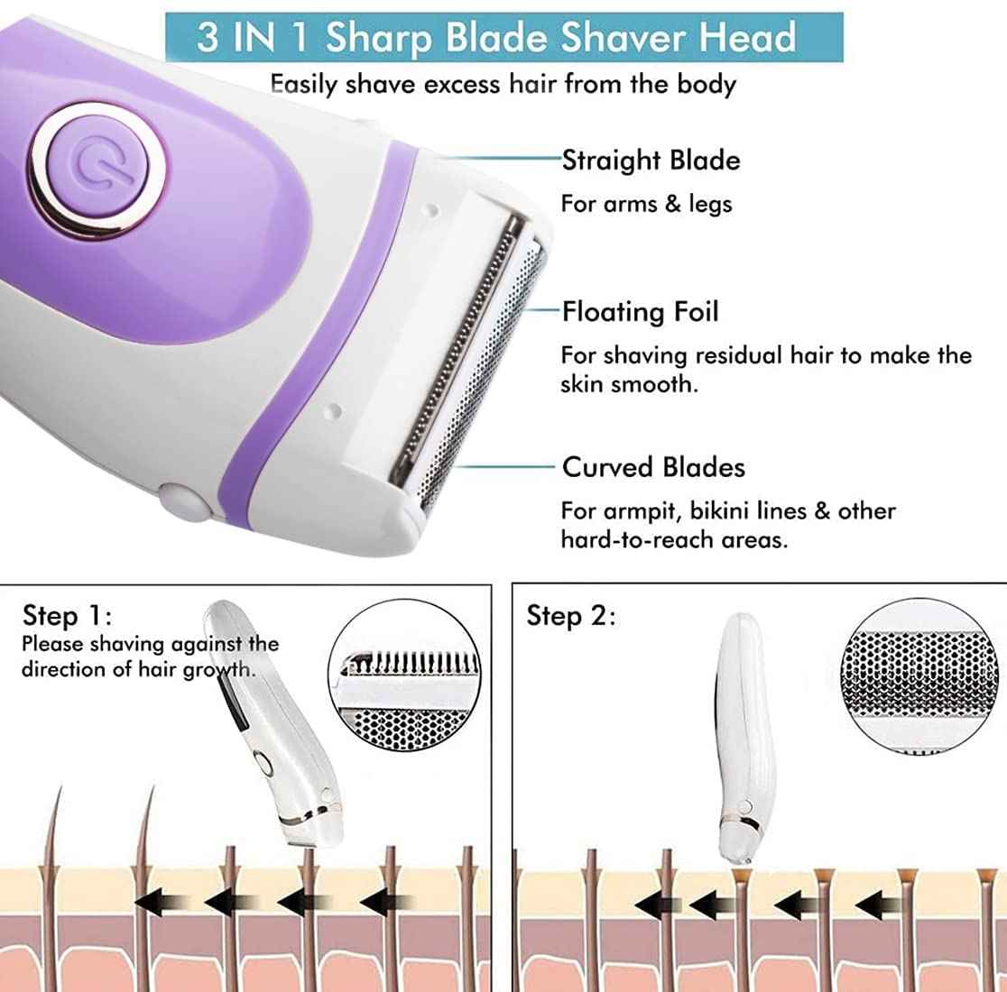 Electric Lady Shaver Bikini Trimmer Wet & Dry Rechargeable Cordless Painless Electric Razor for Women, LED Display Razor for Legs Underarms (Violet)