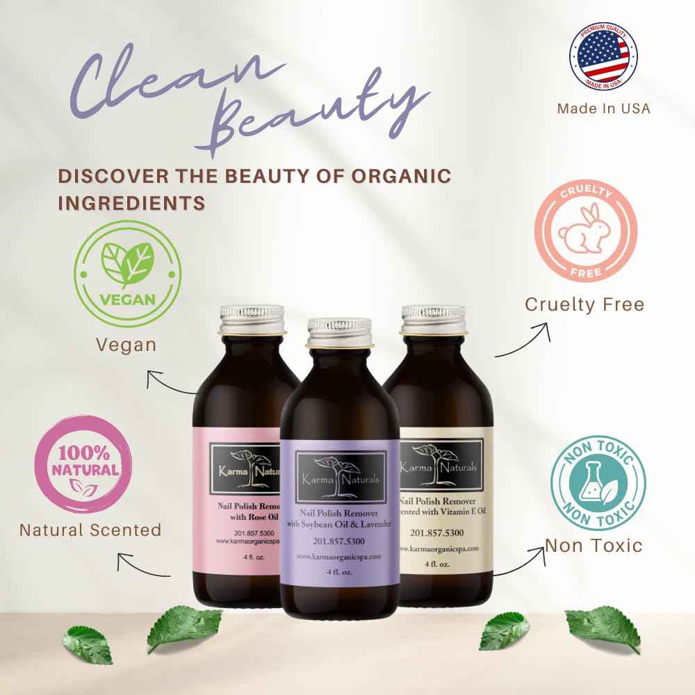 Karma Organic Nail Polish Remover Bundle - Includes Natural Lavender, Rose Oil, and Unscented Nail Polish Remover (4FL-Oz) (Multipack)
