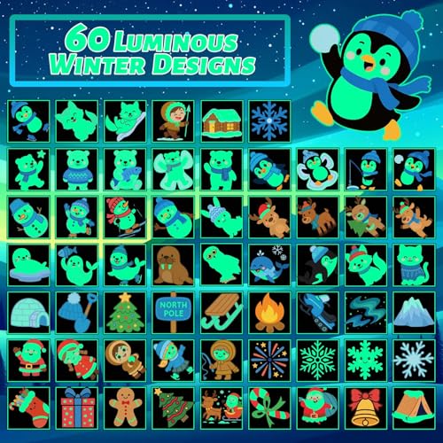 winthrop 120 Pcs Glow in The Dark Polar Animal Tattoos for Kids, 60 Luminous Winter Designs, Non-Toxic Waterproof Christmas Tattoos, Individually Wrapped Stocking Stuffers & Party Favors