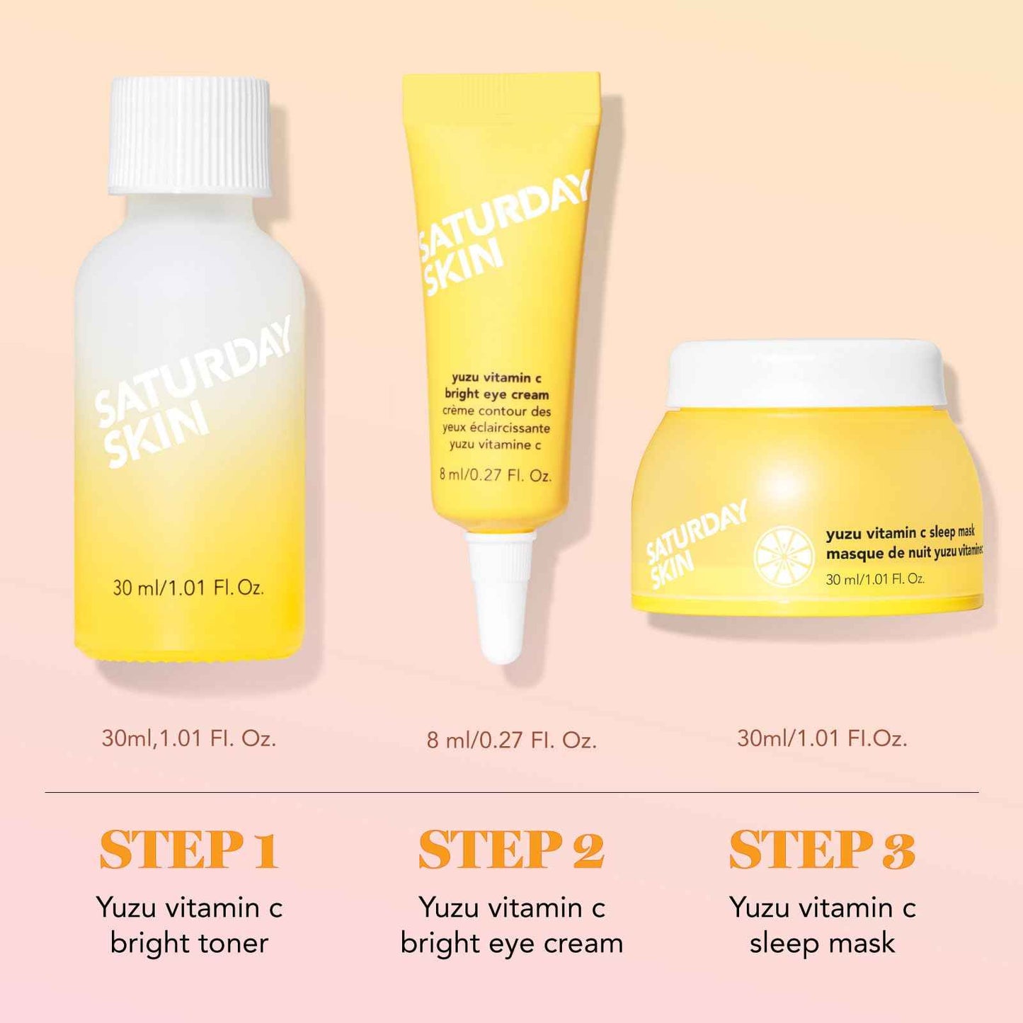Saturday Skin 3-Piece Skin Care Set Yuzu Vitamin C Sleep Mask Yuzu Vitamin C Bright Toner and Eye Cream Overnight Facial Masks Korean Beauty Best Vitamin C Skincare Set