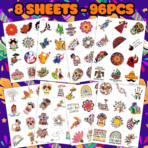 96 PCS Hispanic Heritange Month Pre-Cut Birthday Party Decorations Favors Supplies Temporary Tattoos Decor Latin American Spanish Stickers For Boys Girls Gift School Prizes Rewards
