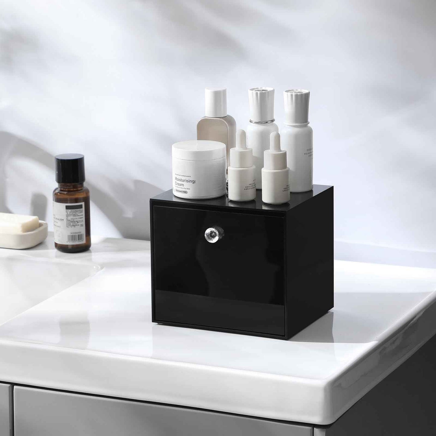 LANDNEOO Disposable Face Towel Container Box Compatible with Clean Skin Club Clean Towel XL, AcrylicTowel Storage Bin with Drawer, Makeup Organizer stackable holder, Ideal for Vanity, Bathroom, Black