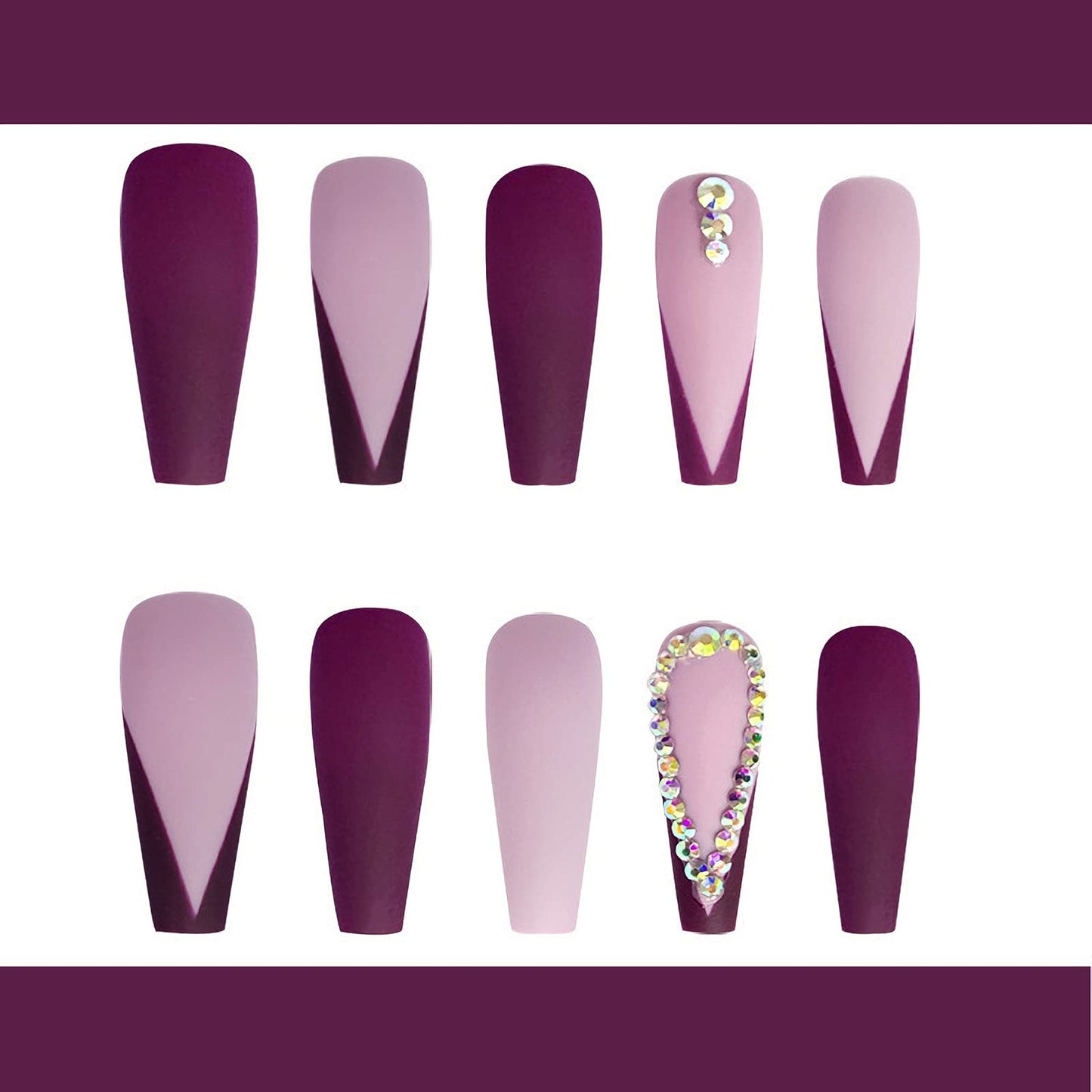 Long Press on Nails Square French Fake Nails Full Cover Purple Acrylic False Nails With Rhinestone Designs for Women and Girls, 24PCS