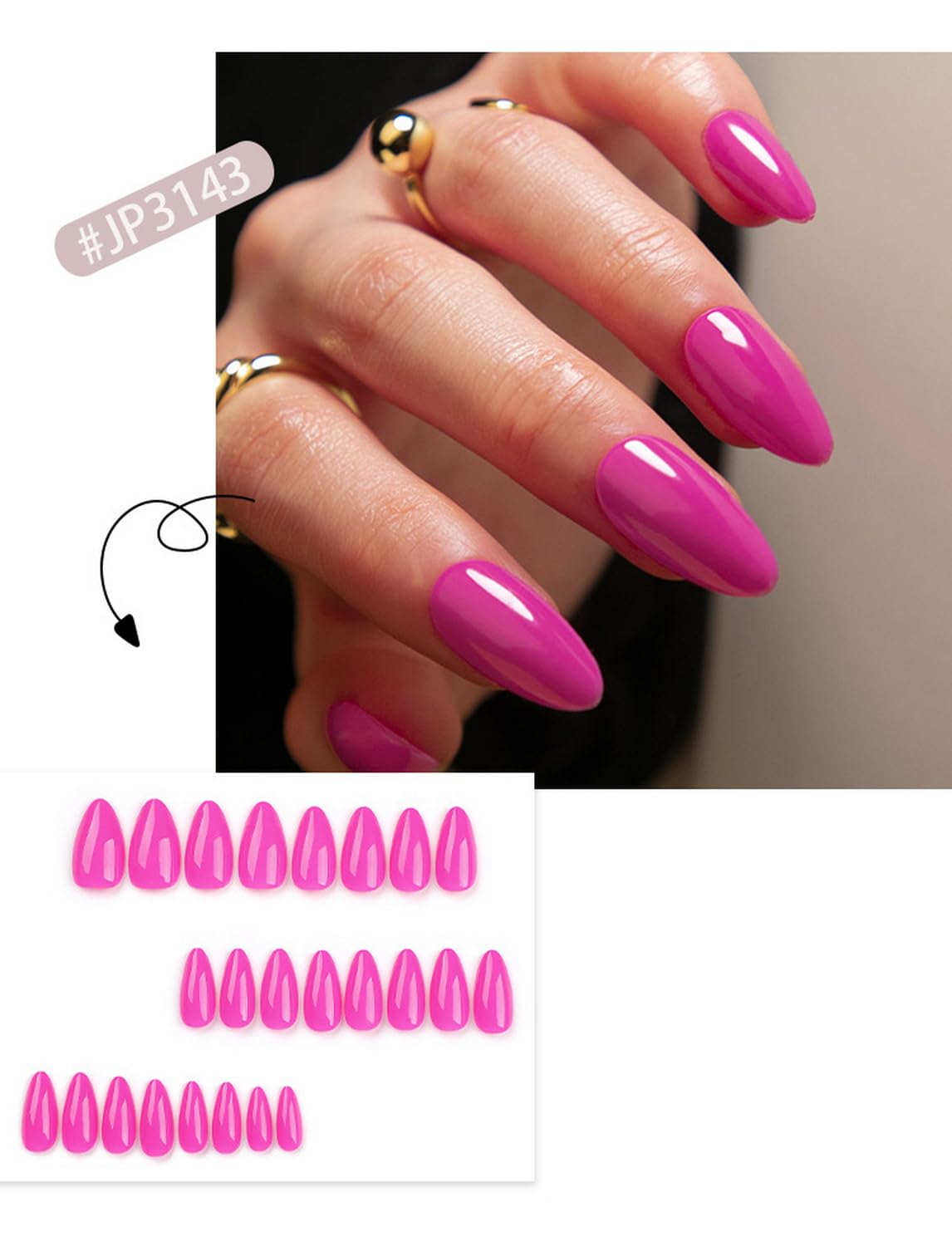 Hot Pink Press on Nails Almond Fake Nails Full Cover Solid Colour Stick on Nails with design Acrylic Artificial Nails Glossy Reusable False Nails for Women Girls Holiday 24pcs