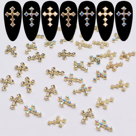 LIFOOST 30pcs Cross Nail Charms for Nail Art Accessory 3D Gold Cross Jewelrys Nail Studs with Flat Back Crystal Nail Art Rhinestones for Women Acrylic Nails Designs (Gold)