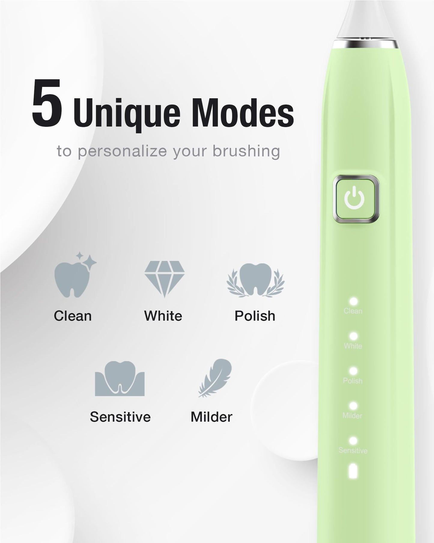 7AM2M Sonic Electric Toothbrush with 6 Brush Heads for Adults&Kids, One Charge for 120 Days, Wireless Fast Charge, 5 Modes, 40000VPM Powered Toothbrush, 2 Minutes Built in Smart Timer - Light Green