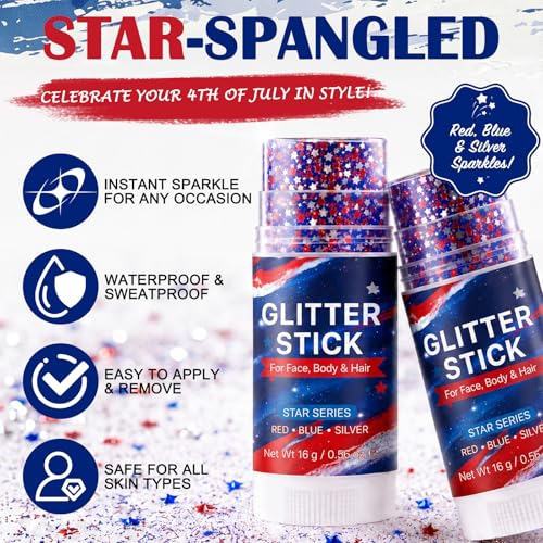 Patriotic Star Glitter Stick - Red White Blue Waterproof Face Makeup