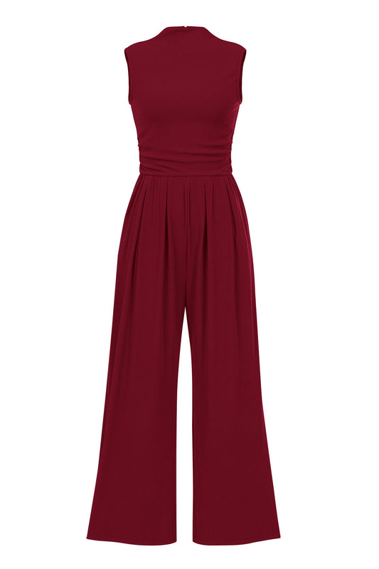 PRETTYGARDEN Womens Summer Jumpsuits Dressy Casual One Piece Outfits Sleeveless Mock Neck Wide Leg Pants Rompers with Pockets (Wine Red,Small)